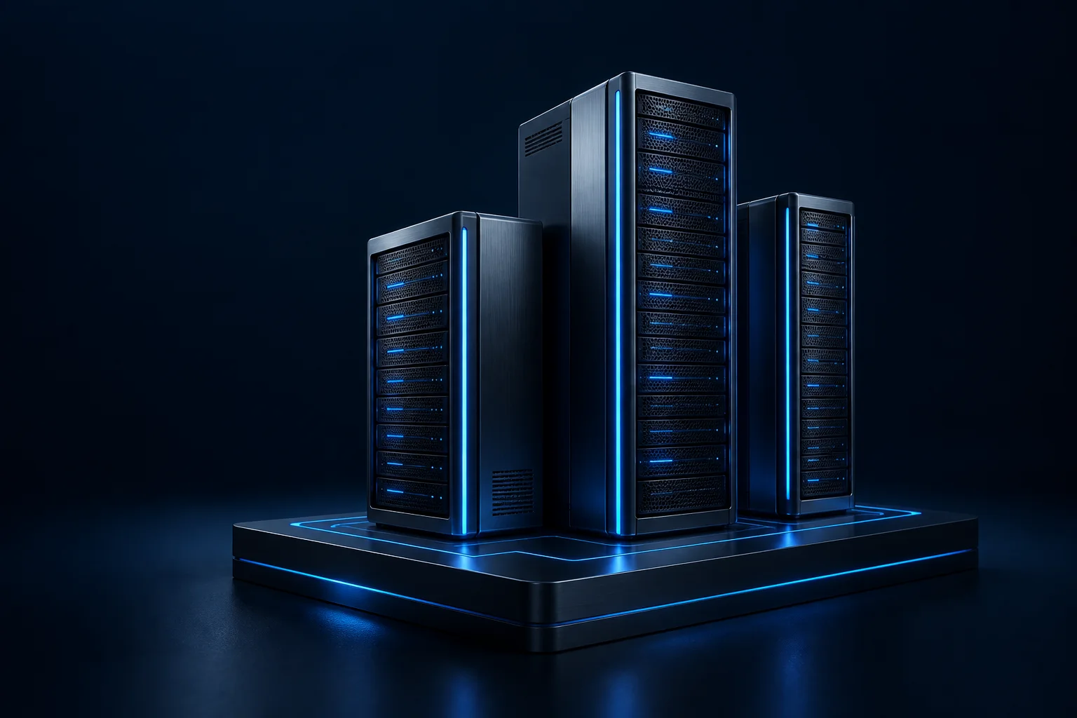Three graphite server towers illuminated in electric blue, a cloud infrastructure illustration